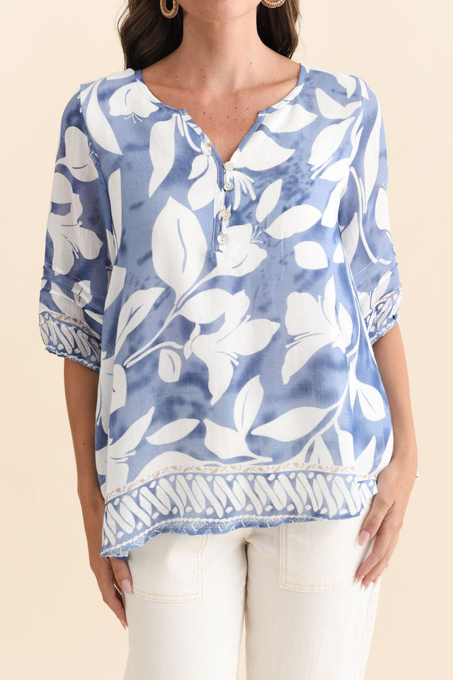 Ramy Blue Leaf Cotton Blend Top,Brunette model,alt text|model:MJ image 6