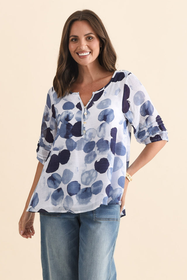 Ramy Navy Spot Cotton Blend Top,Brunette model,alt text|model:MJ