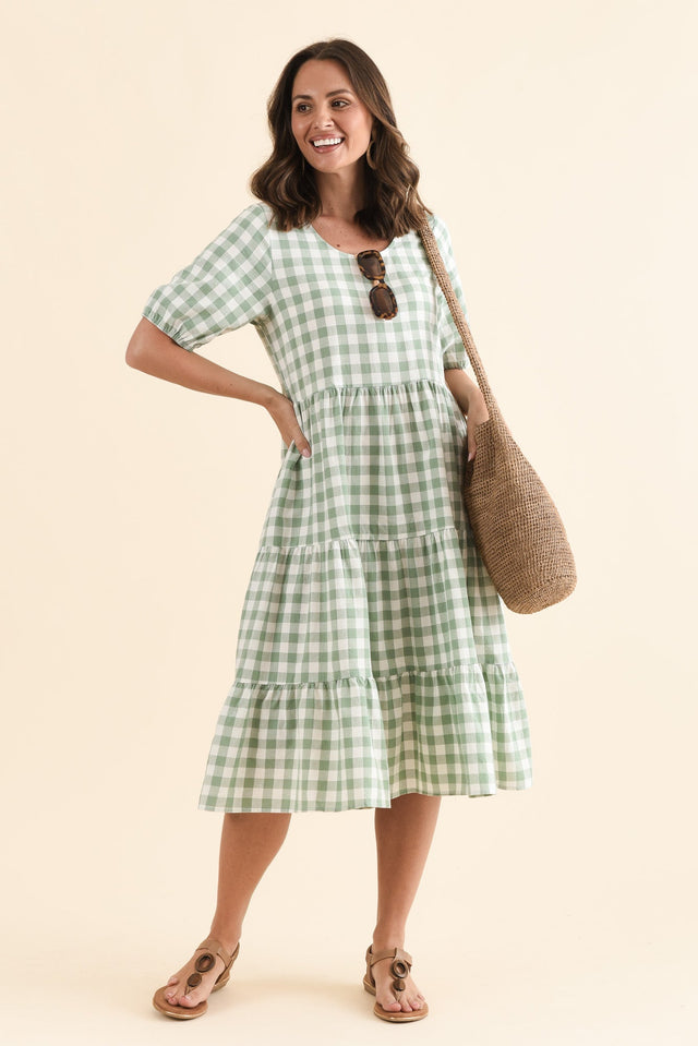 Ravenna Sage Check Cotton Dress,Front,Brunette model,alt text|model:MJ image 1