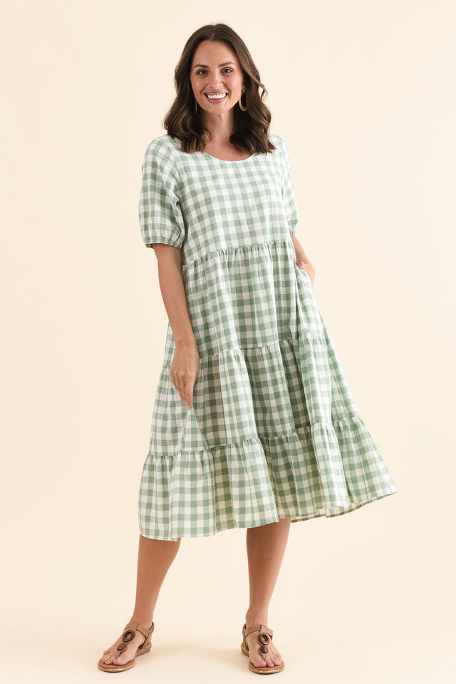 Ravenna Sage Check Cotton Dress,Full Body,Brunette model,alt text|model:MJ image 2