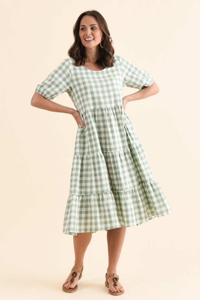 Ravenna Sage Check Cotton Dress,Full Body,Brunette model,alt text|model:MJ image 6
