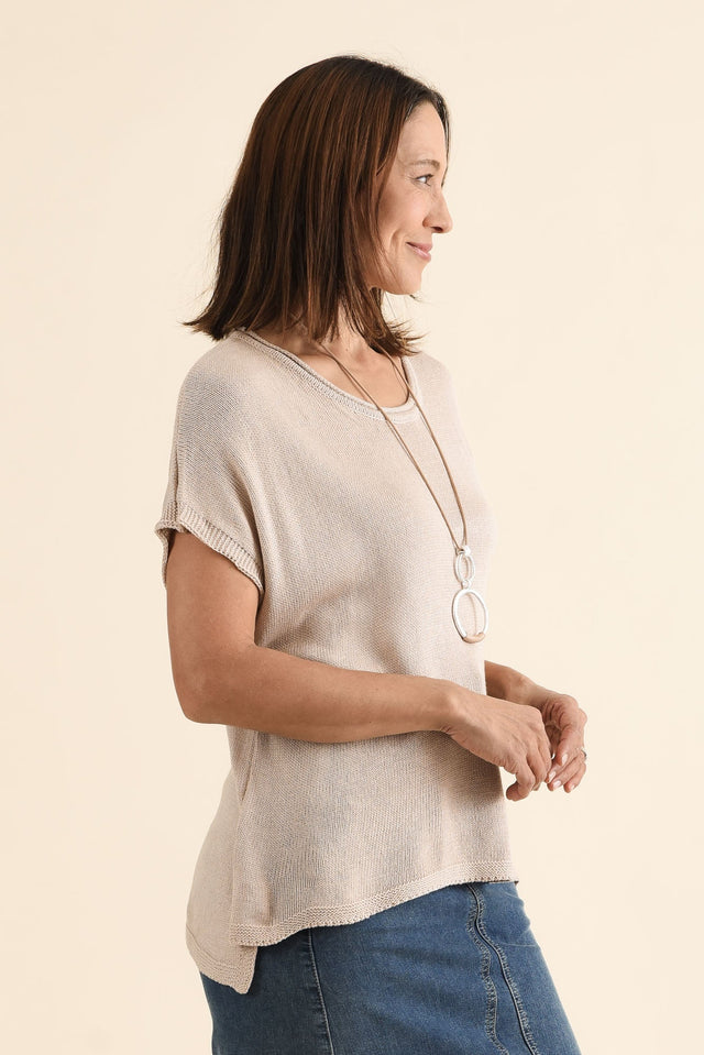 Rawlins Beige Cotton Knit Top,brunette model,Side of Outfit,alt text|model:Cara image 3