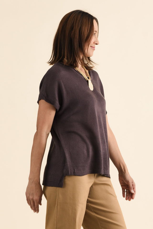 Rawlins Chocolate Cotton Knit Top,brunette model,Side of Outfit,alt text|model:Cara image 3
