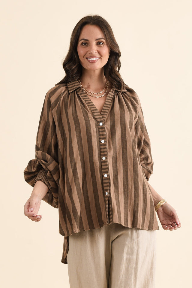 Raya Chocolate Stripe Cotton Shirt,brunette model,Front of Outfit,alt text|model:MJ
