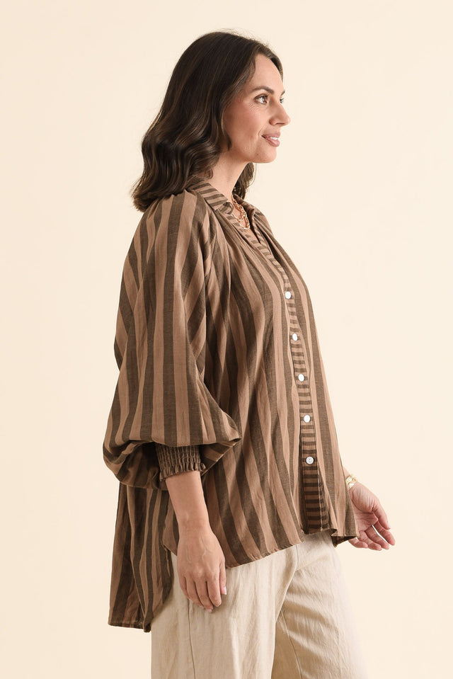 Raya Chocolate Stripe Cotton Shirt,brunette model,Side of Outfit,alt text|model:MJ image 3