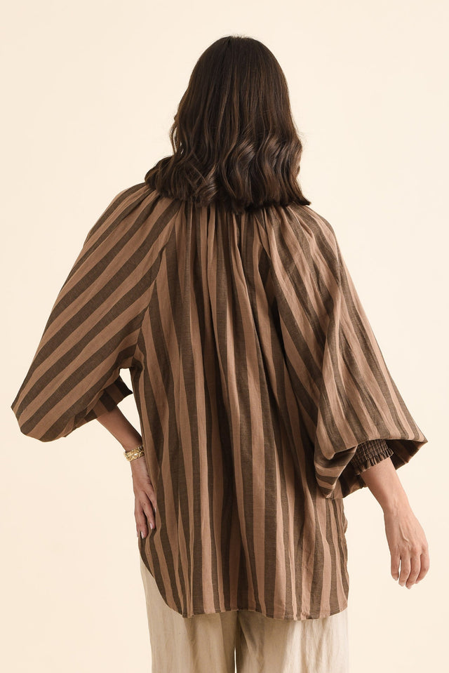Raya Chocolate Stripe Cotton Shirt,brunette model,Back of Outfit,alt text|model:MJ image 4