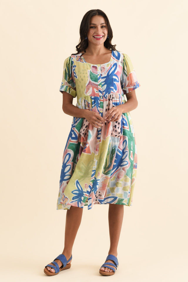 Rayna Blue Flower Button Dress,Brunette model,alt text|model:Brontie image 8