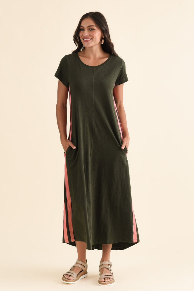 Recovery Khaki Trim Cotton Dress,Full Body,Brunette model,alt text|model:Brontie