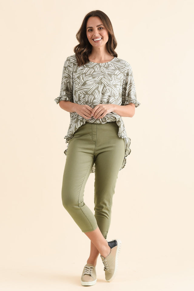 Reed Olive Stretch Cotton Capri Pants,Full Body,Brunette model,alt text|model:MJ