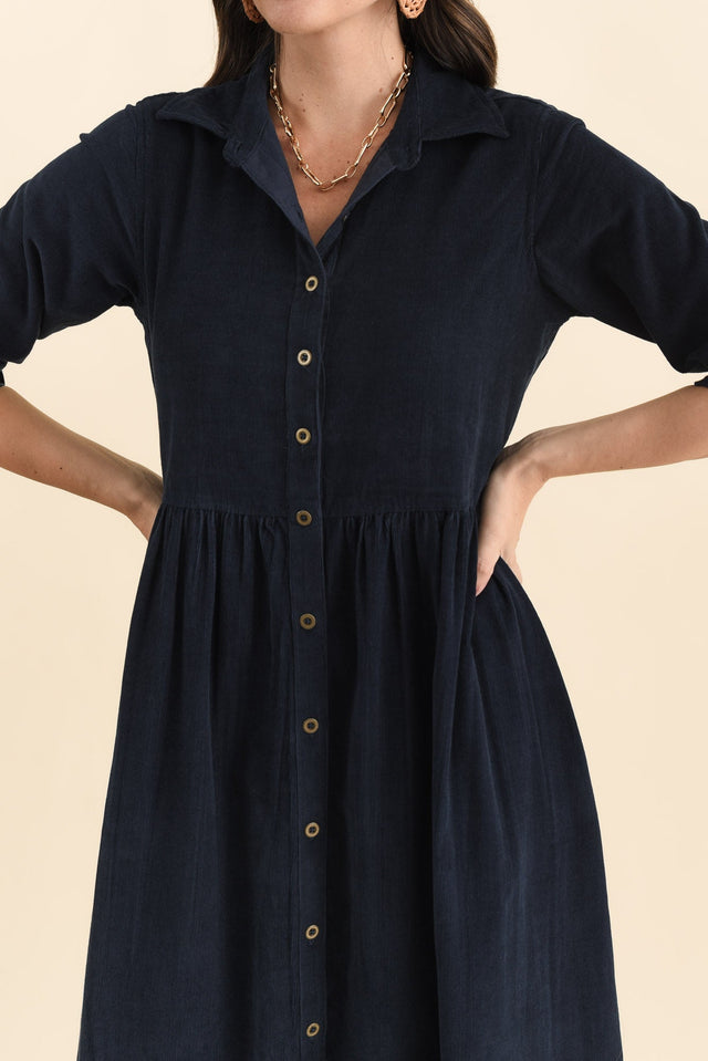 Rellie Navy Cotton Corduroy Dress,Brunette model,alt text|model:MJ image 6