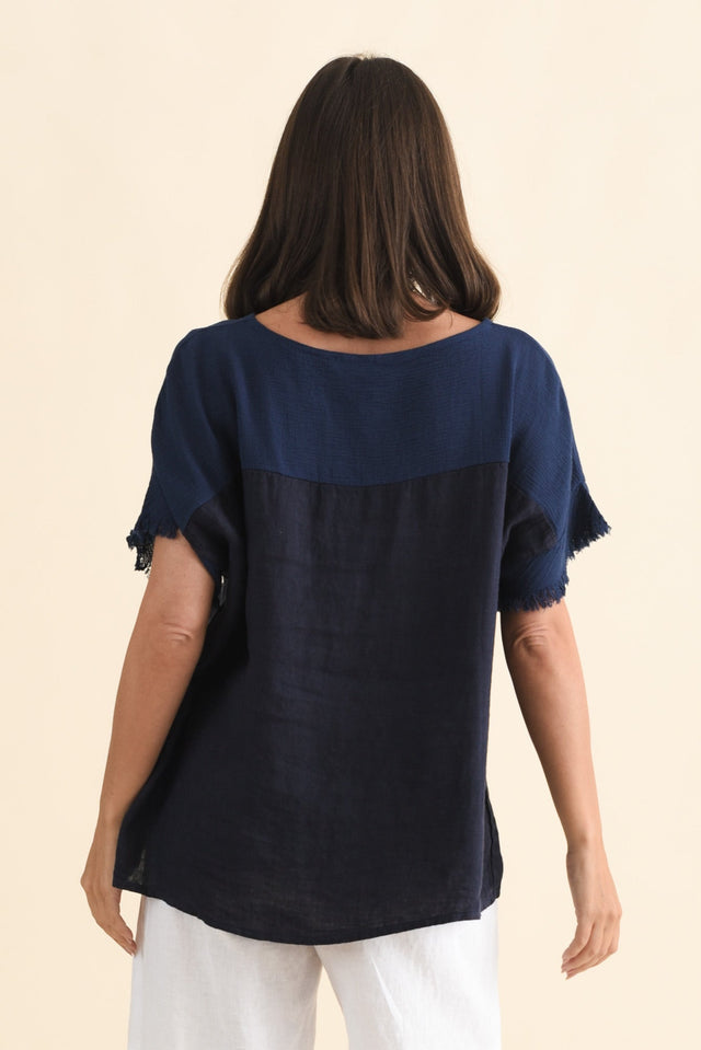 Remo Navy Linen Frayed Top,Brunette model,alt text|model:MJ image 5