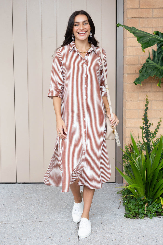 Tricia Mocha Stripe Cotton Shirt Dress image 1