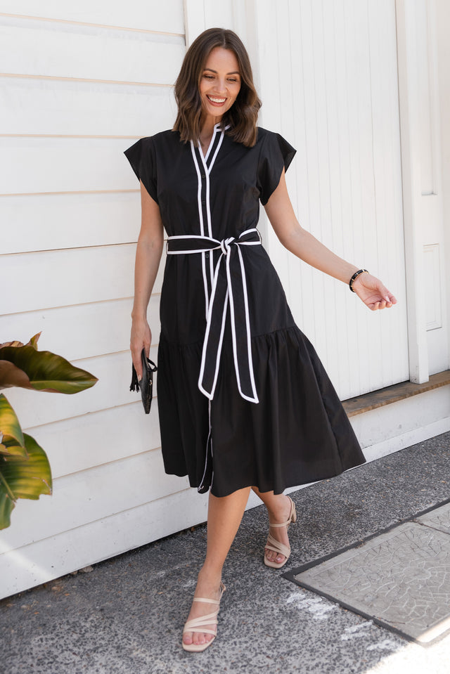 Mari Black Contrast Cotton Tie Dress