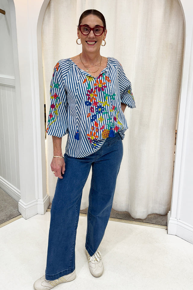 Honora Blue Stripe Embroidered Cotton Top