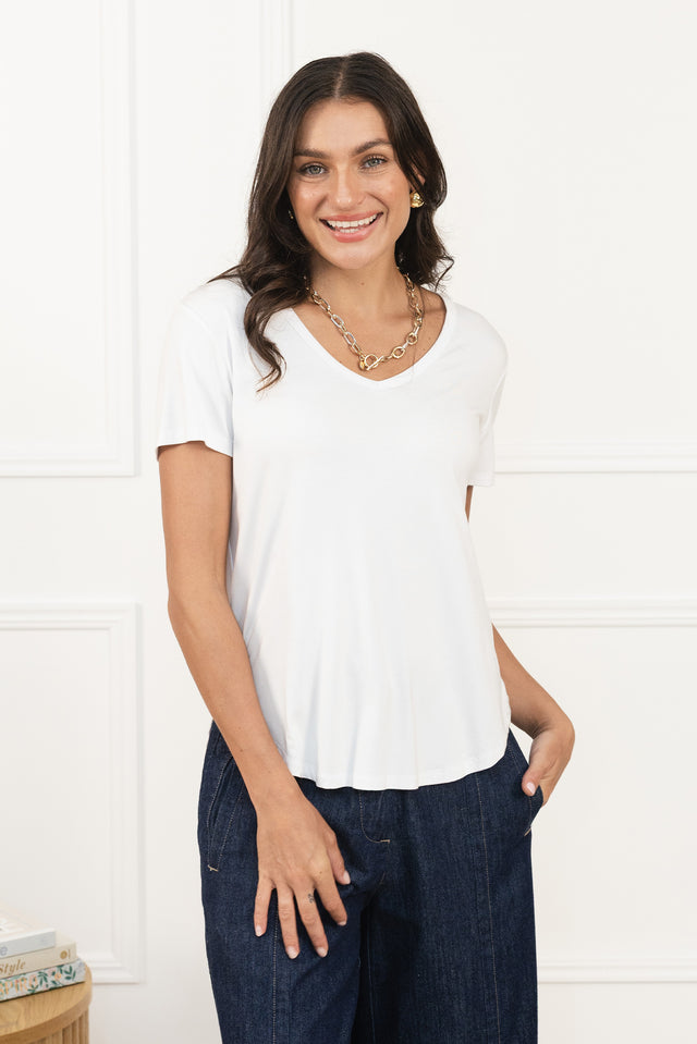 Veronica White Bamboo Tee,Brunette model,Lifestyle