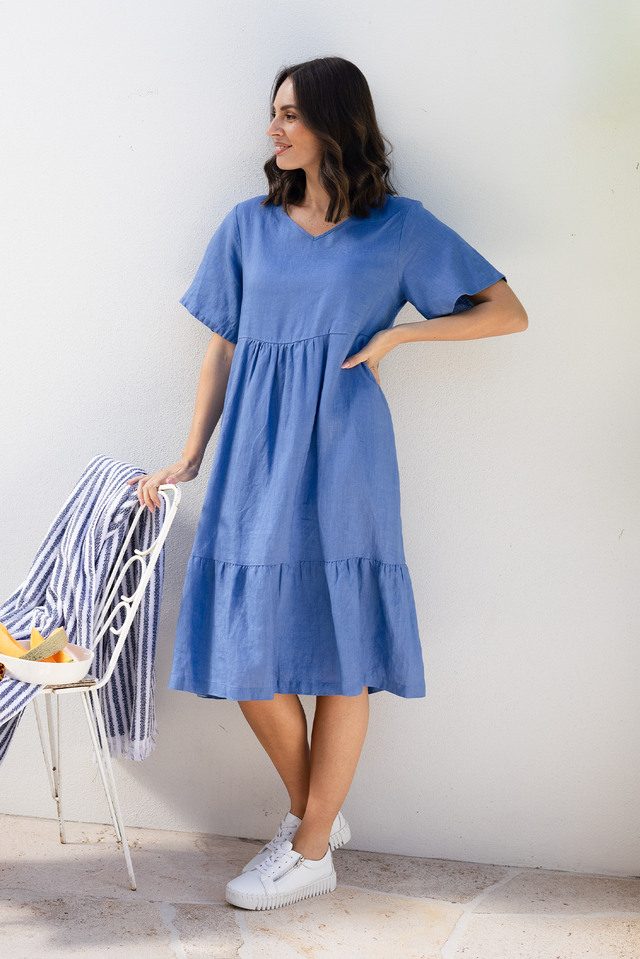 Miller Blue Linen Tiered Dress,Brunette model,Lifestyle