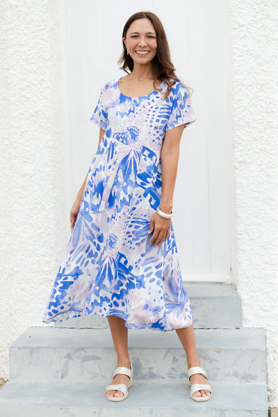 Lula Cobalt Abstract Linen Cotton Dress