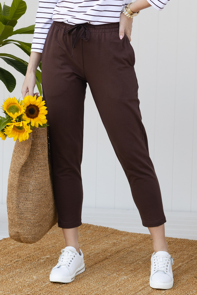 Briar Chocolate Cotton Cropped Sweatpants,Front,Brunette model
