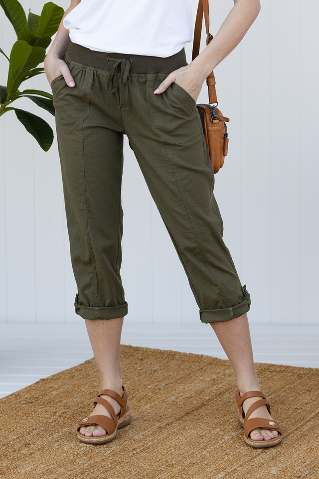 Lindsay Khaki 7/8 Cargo Pants,Front,Brunette model