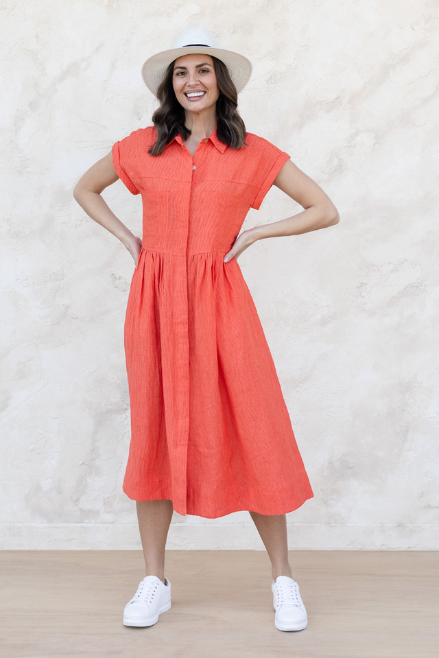 Ruben Orange Stripe Linen Shirt Dress,Front,Brunette model