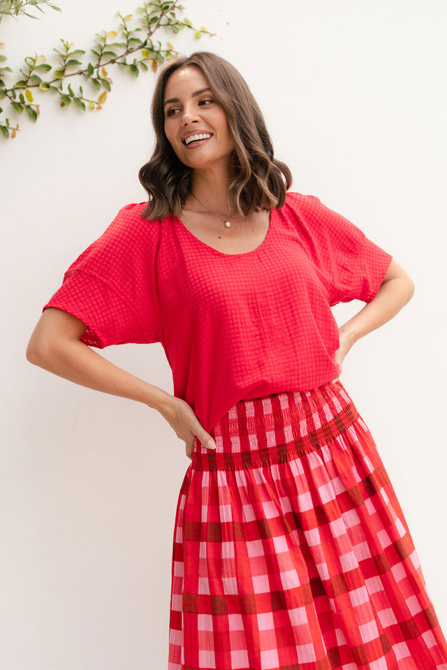 Grove Red Check Cotton Blend Top