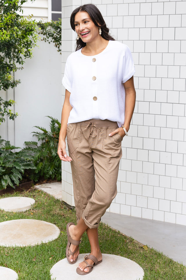 Abilene White Button Top,Brunette model,Lifestyle image 1