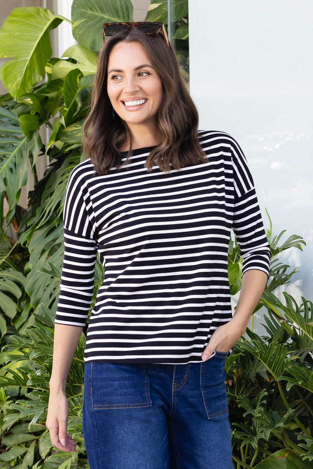 Josette Black Stripe Bamboo Top,Brunette model,Lifestyle