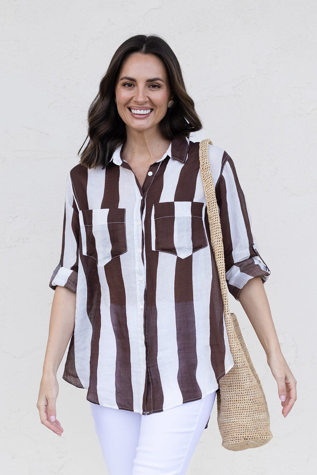 Wellington Chocolate Stripe Linen Shirt,brunette model,Front of Outfit,Lifestyle