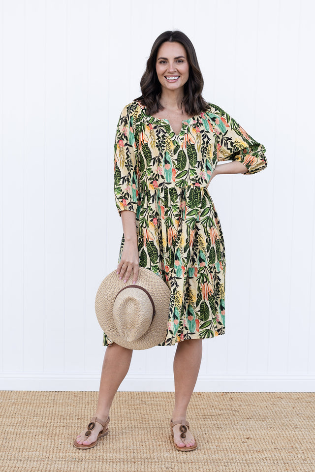 Irene Green Leaf Cotton Blend Dress,brunette model,Front of Outfit,Lifestyle