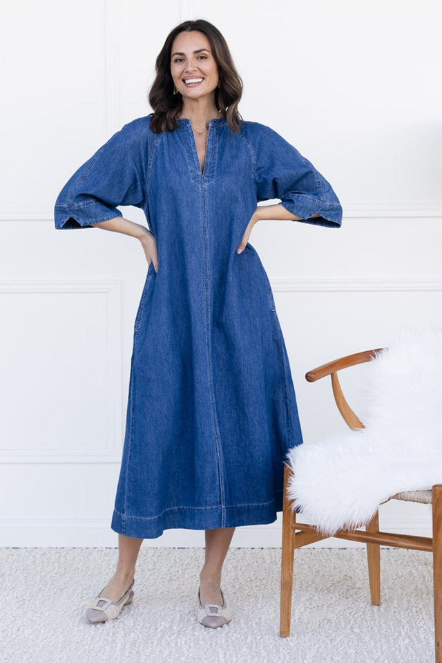 Davina Blue Denim Midi Dress,brunette model,Front of Outfit,Lifestyle