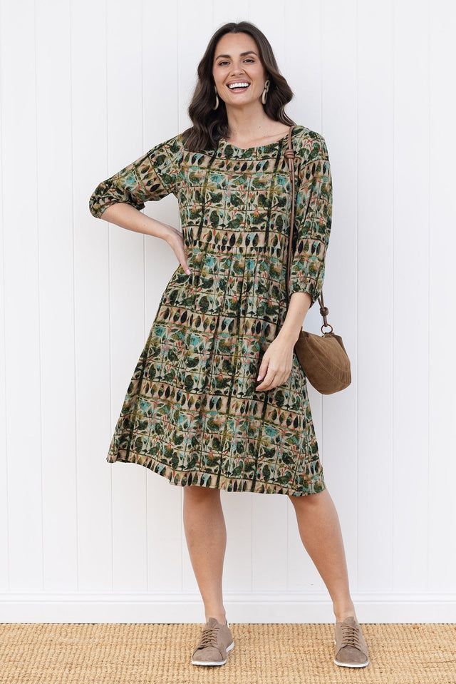Nicolette Green Motif Cotton Blend Sleeved Dress,brunette model,Front of Outfit,Lifestyle