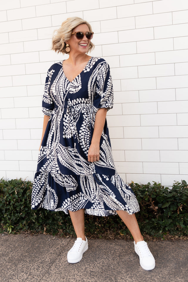 Meredith Navy Speckle Leaf Tie Dress