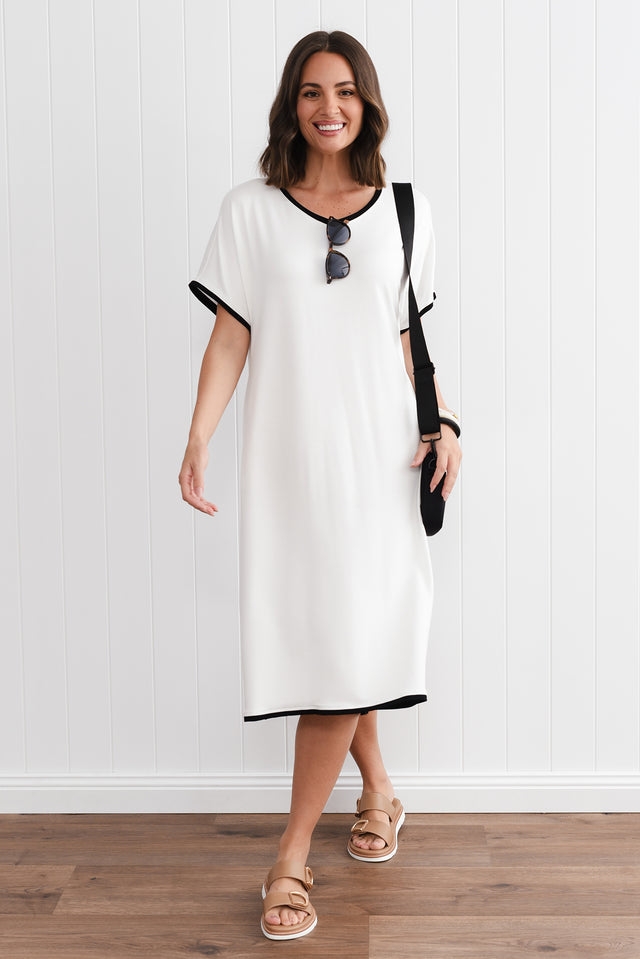 Jemima White Contrast V Neck Dress