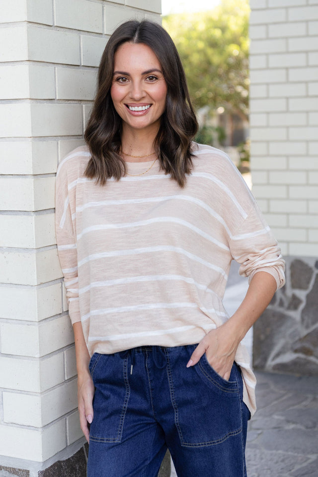 Berlin White Stripe Cotton Blend Knit Top,Brunette model,Lifestyle image 1