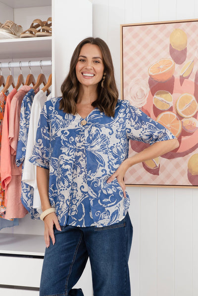 Yasmin Blue Abstract Layered Button Top