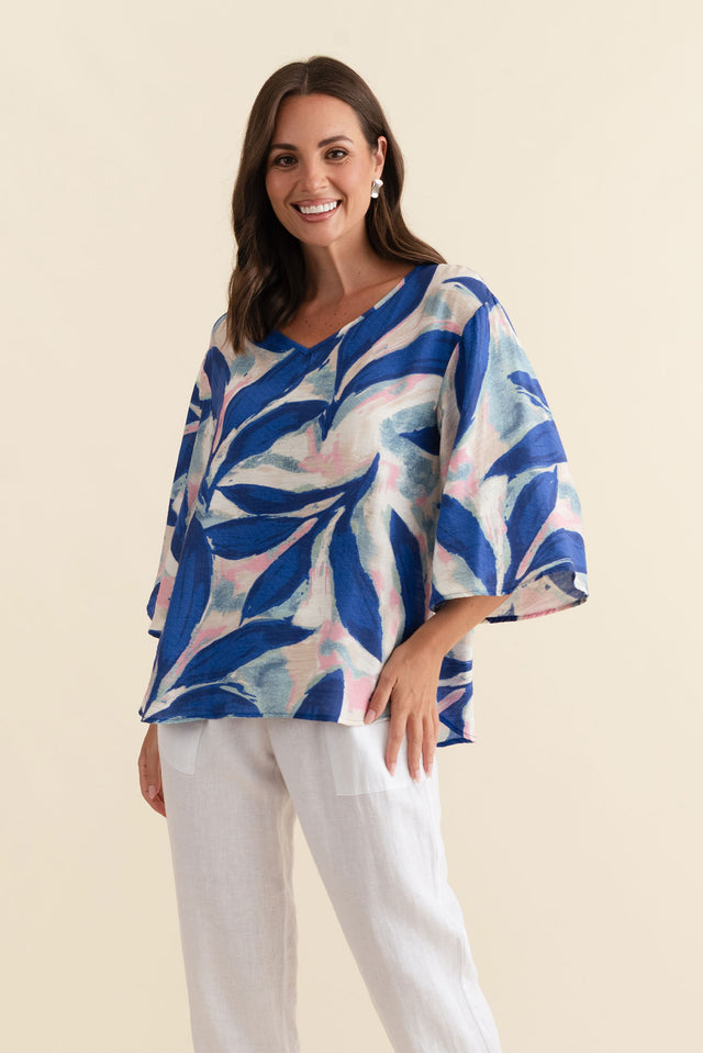 Janelle Blue Leaf V Neck Top
