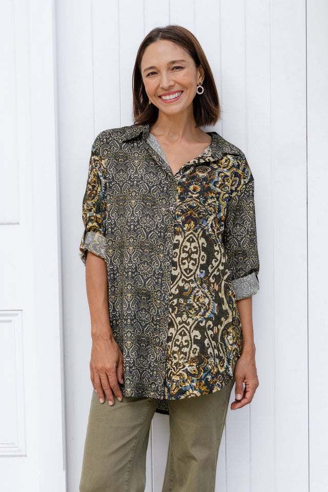 Goda Forest Green Motif Button Shirt