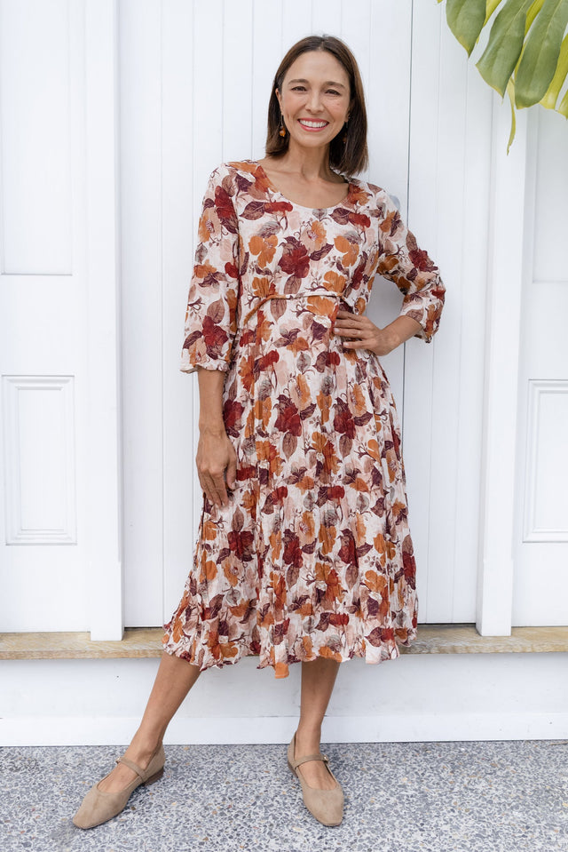 Nessa Brown Flower Crescent Dress,Lifestlye, Brunette Model