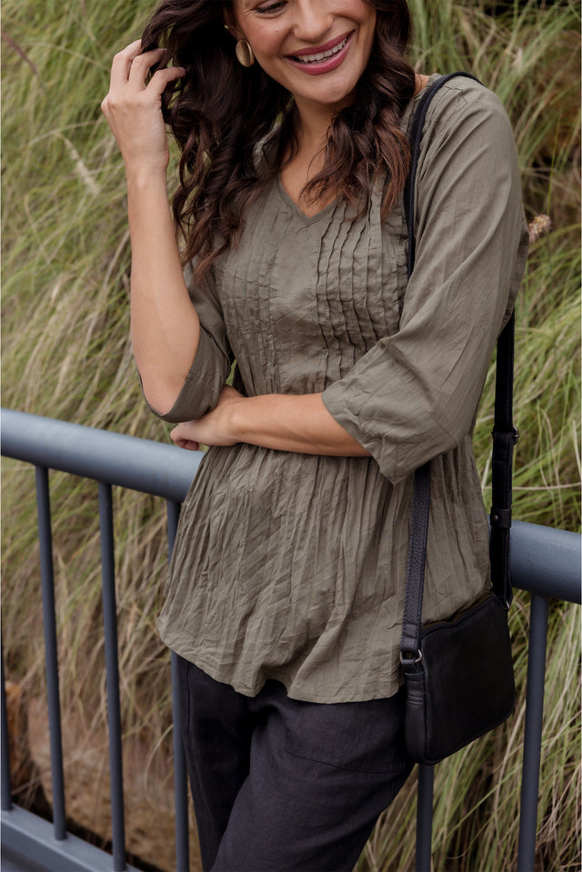 Fia Khaki Sleeved Crinkle Cotton Top