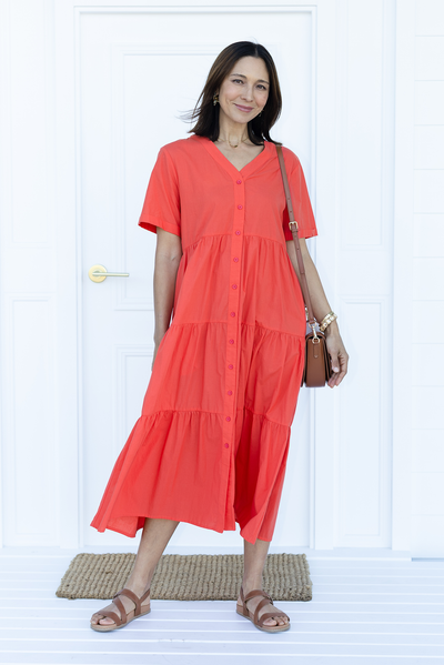 Winona Red Cotton Button Dress