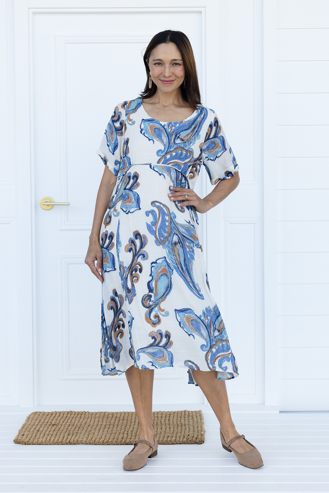 Ramona Cream Paisley Cotton Blend Dress,Brunette model,Lifestyle image 1