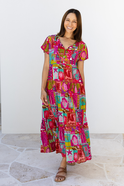 Nona Pink Tile Crinkle Cotton Maxi Dress