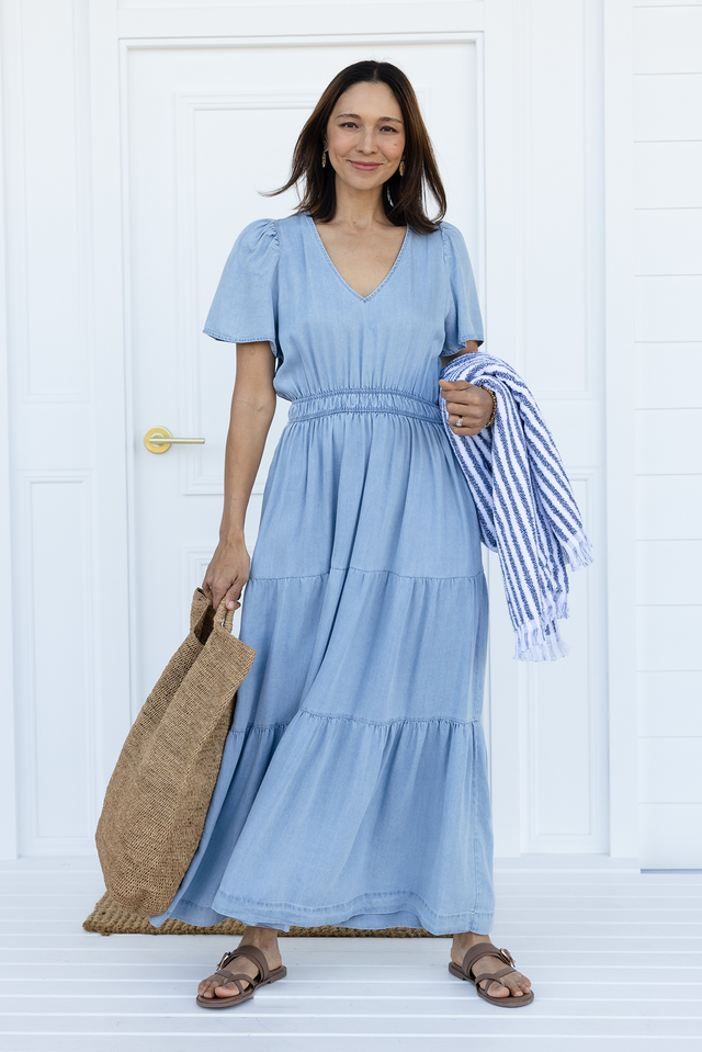Luca Light Blue Tencel Tier Dress,Brunette model,Lifestyle