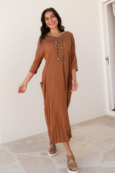 Travel Rust Crinkle Cotton Sleeved Maxi Dress
