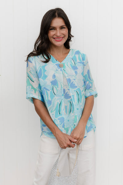 Yasmin Blue Floral Layered Button Top