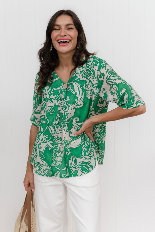 Yasmin Green Abstract Layered Button Top
