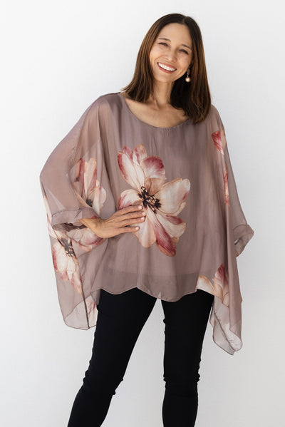 Posie Taupe Flower Silk Overlay Top