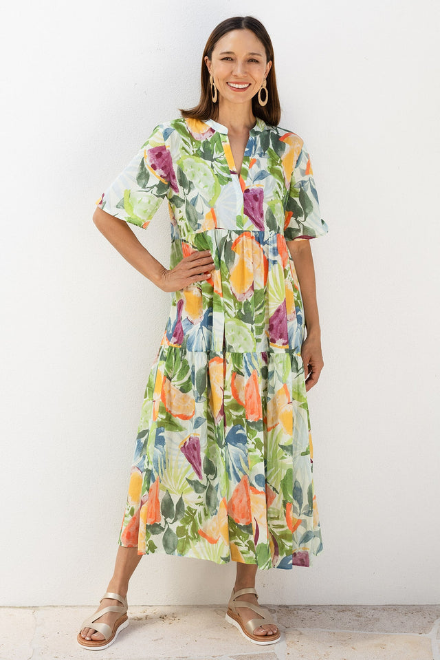 Jasira Yellow Fruity Cotton Tiered Dress,Lifestyle