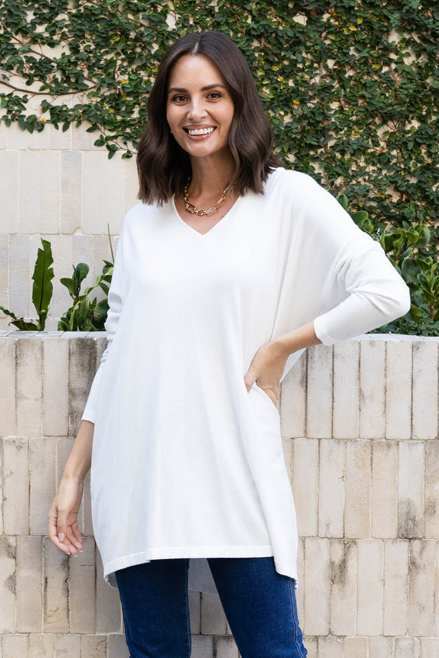 Piper White V Neck Knit Jumper,Lifestyle,Brunette model, alt text|model:Cara