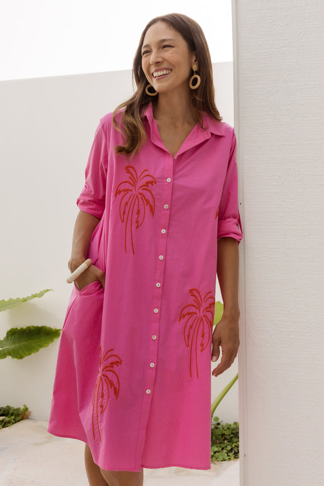 Bridie Pink Palm Cotton Shirt Dress image 1